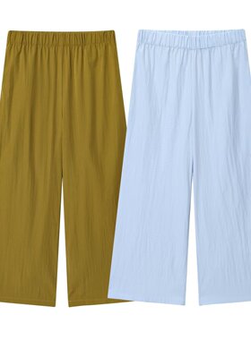 ZW系列外贸女装风蓝色松紧腰府绸褶皱宽松垂感休闲裤长裤