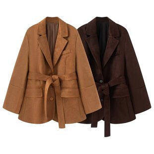 秋季 4341747 美式 收腰垫肩反绒皮西装 745 麂皮绒外套 跨境欧美女装