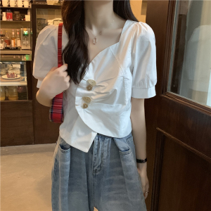 大码胖妹妹不规则V领衬衫女士设计感小众夏装新款泡泡短袖上衣服