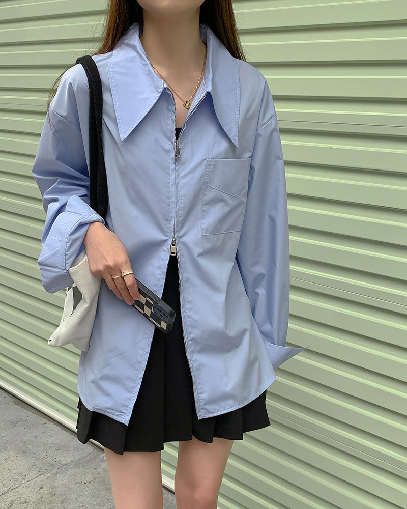 双拉链衬衫女春夏新款大码胖MM宽松显瘦百搭长袖衬衣上衣防晒外套
