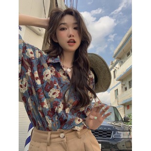 胖妹妹复古港风印花衬衣女夏季 宽松显瘦短袖 大码 新款 上衣 衬衫 法式