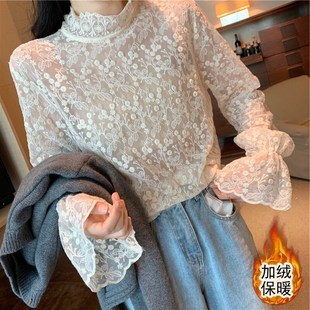 女加绒内搭上衣 胖mm洋气蕾丝镂空网纱百搭高领打底衫 秋冬新款 大码