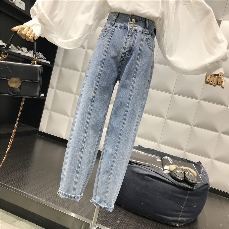 需要用券两粒扣复古大码高腰宽松显瘦直筒牛仔裤女2019春夏韩版九分阔腿裤