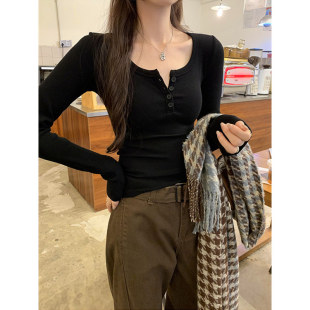 大码胖妹妹半开领长袖t恤打底衫女春秋冬季内搭修身螺纹纽扣上衣