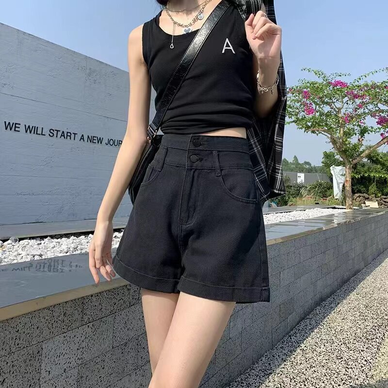 高腰牛仔短裤女夏a字外穿阔腿裤图片