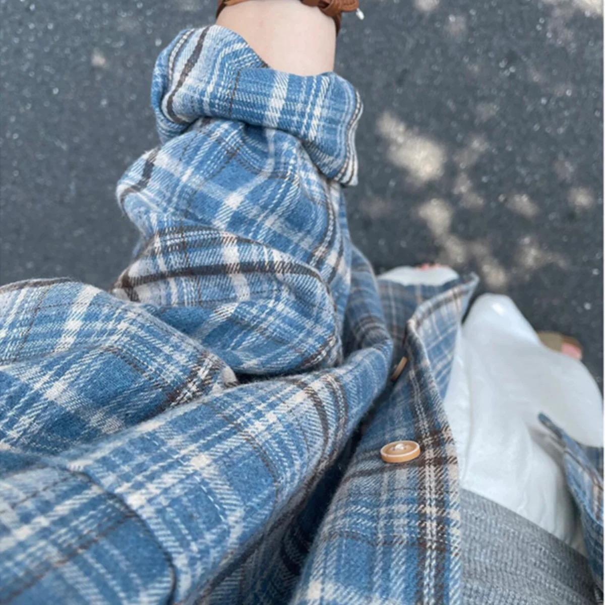 大码长袖宽松显瘦格子衬衫外套女