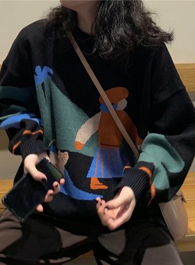 大码胖妹妹卡通毛衣女秋冬季新款慵懒宽松外穿圆领针织衫复古上衣