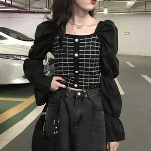 设计感小众衬衣泡泡长袖 大码 女春秋冬新款 格子衬衫 上衣服 胖MM法式