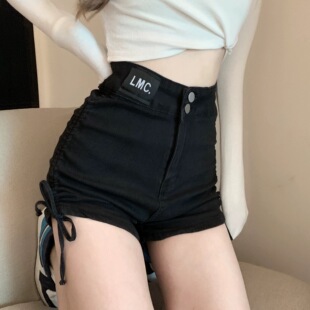 大码胖妹妹高腰松紧黑色抽绳牛仔短裤女夏季弹力显瘦阔腿a字热裤