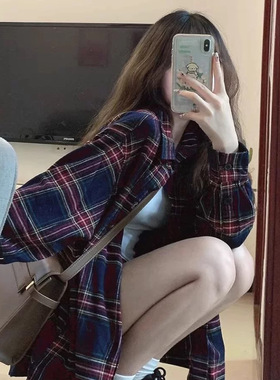 大码胖mm红色格子衬衫女春夏季薄款复古宽松显瘦叠穿长袖衬衣外套