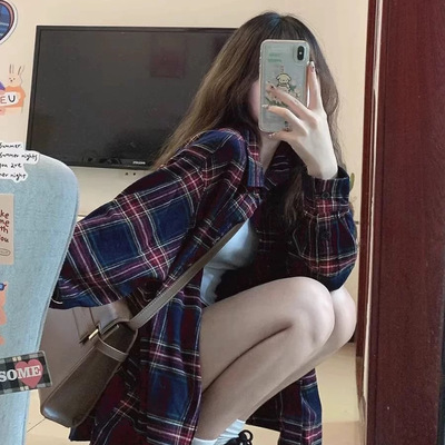 红色格子衬衫女春夏薄款长袖衬衣