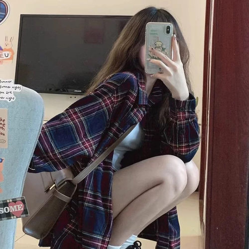 红色格子衬衫女春夏薄款长袖衬衣