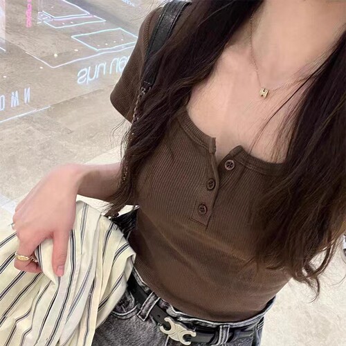 设计感小众正肩U领短袖t恤女美式