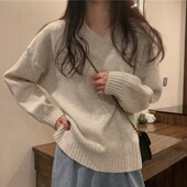 上衣v领套头内搭针织衫 温柔风长袖 胖妹妹显瘦毛衣女秋冬新款 大码