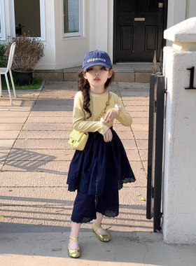 韩国童装26春夏款女童洋气百搭长袖T恤 儿童时髦假两件花边阔腿裤