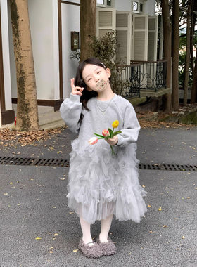 女童洋气时髦灰色卫衣裙2025春秋韩版中小童宝宝拼接纱裙连衣裙