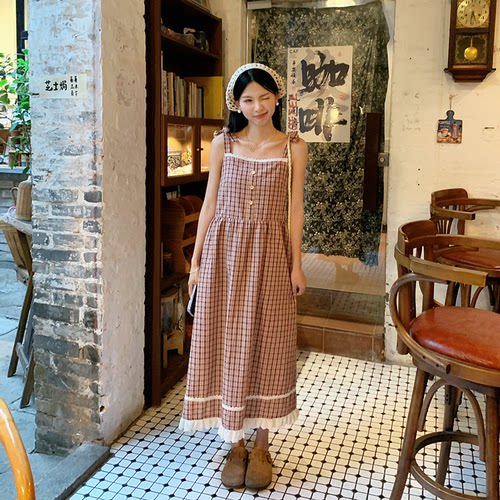 Punkhoo 红色格子连衣裙女夏季吊带长裙小个子韩系宽松绝美气质
