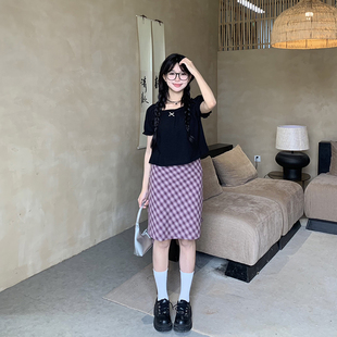 Punkhoo 夏季玫紫色复古格子裙女蝴蝶结半身裙包臀显瘦休闲高级感