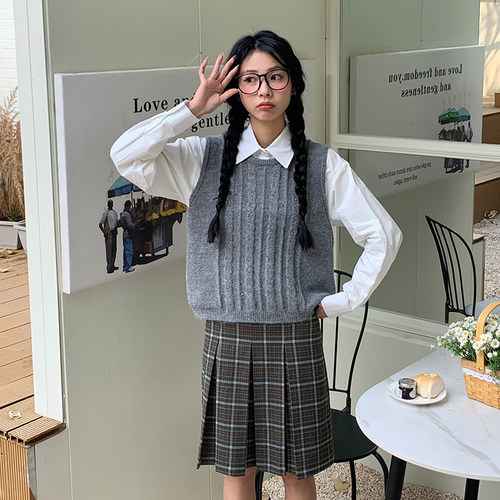 Punkhoo 春夏灰绿韩系复古格子裙女高腰a字百褶半身裙小个子宽松