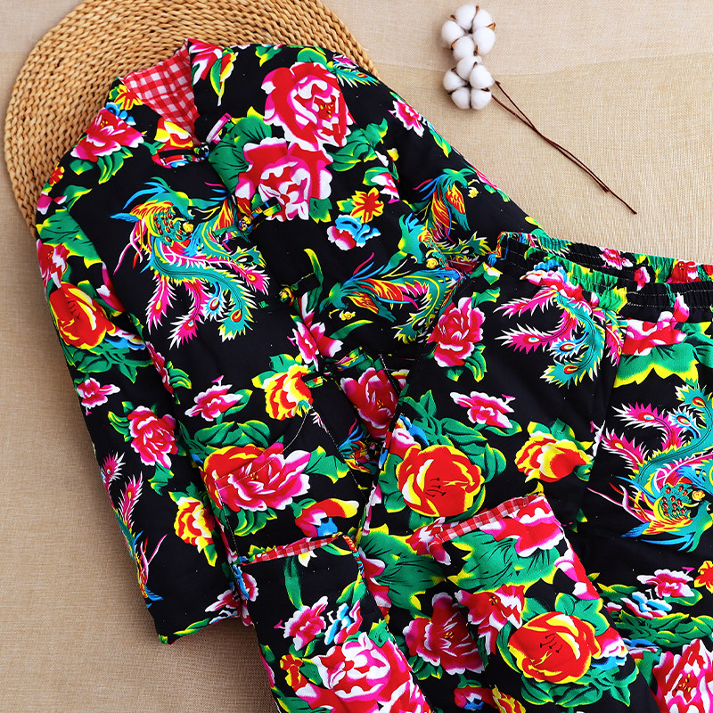 东北大花布纯手工棉花棉衣套装男女士冬季居家棉服高腰加厚外穿