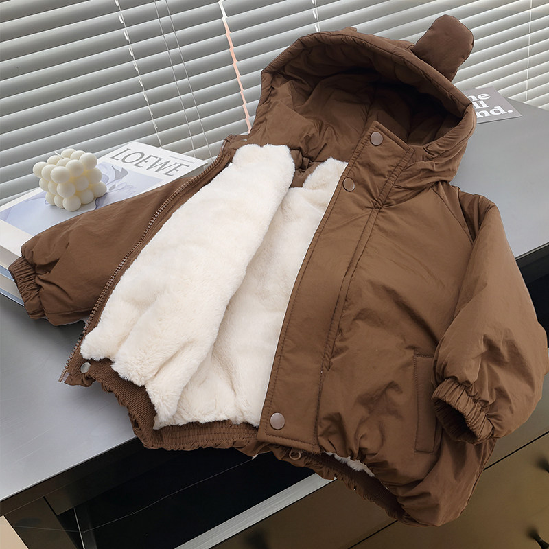 儿童加绒加厚连帽耳朵棉服小童冬季新款洋气韩版工装口袋棉衣外套