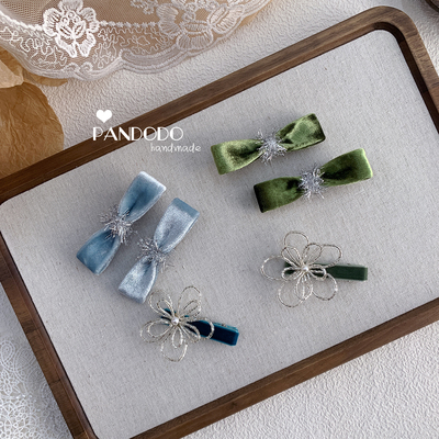 PAN儿童手工发夹 进口丝绒蝴蝶结发夹 串珠花朵边夹 女童发饰不锈