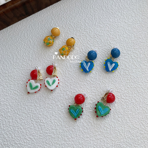 Pandodo手作 日系复古撞色手绘爱心耳环 甜美可爱儿童无痛耳夹