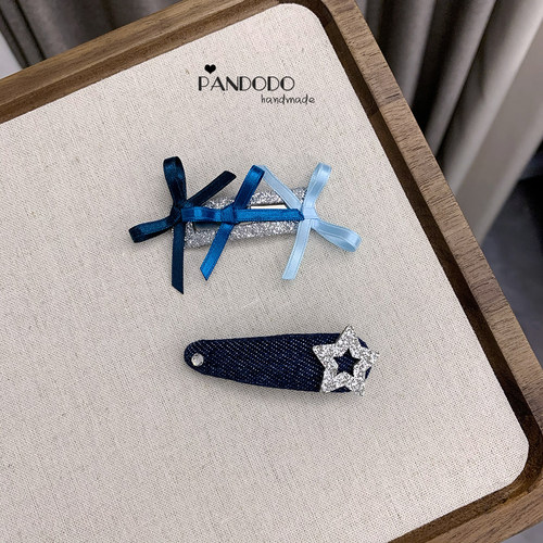 Pandodo小众蓝色气质儿童发夹 三连蝴蝶结宝宝BB夹牛仔星星夹无补