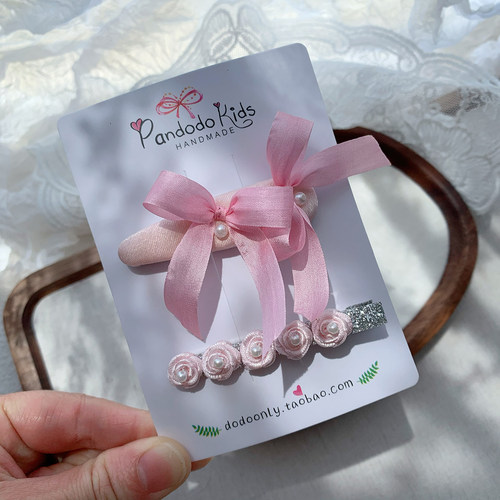 PANDODO高定真丝蝴蝶结发夹 粉色甜美玫瑰花朵纯手工儿童边夹BB夹