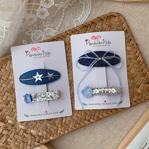 自制小众 儿童牛仔发夹闪亮星星串珠蝴蝶结发饰 蓝色水滴边夹
