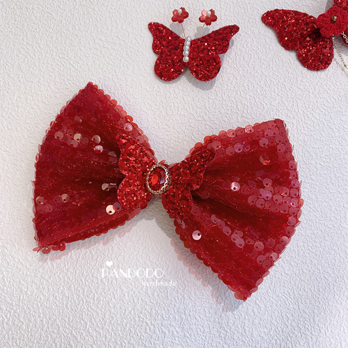 Pandodo原创手作 红色闪亮新年大蝴蝶结发夹 儿童宝宝喜庆发饰