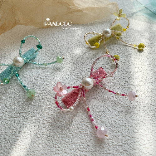 Pandodo独家原创 珍珠水晶手工串珠儿童蝴蝶结发夹 女童甜美边夹
