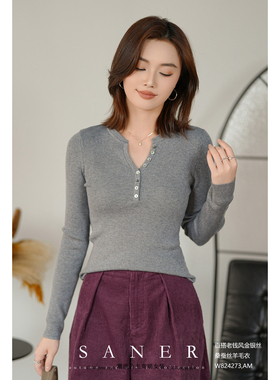 SANER正品欧货2025秋冬新款女装824273修身金银丝桑蚕V领显瘦毛衣