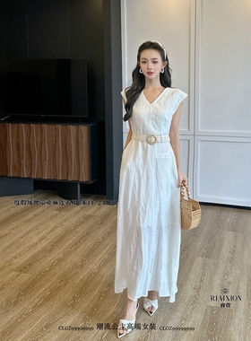 特价正品R牌女装2025夏季新款韩版24851宽松腰带亚麻连衣裙