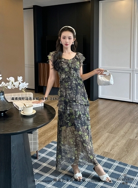 特价正品R牌女装2025夏季新款24825森系荷叶边连衣裙法式