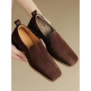 毛毛真皮单鞋鞋秋冬女晚风高跟鞋鞋法式加绒乐福鞋深口感豆豆高级