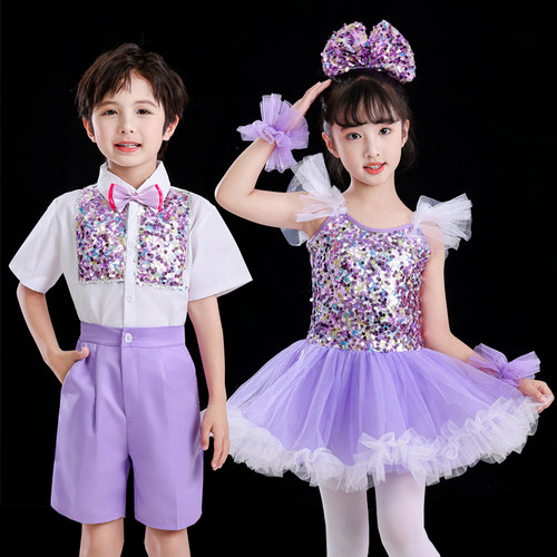 幼儿园舞蹈表演服新款紫色蓬蓬裙