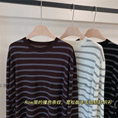 宽松休闲ROW风宽窄撞色条纹莱赛尔绵羊毛圆领长袖 秋季 针织衫 女款