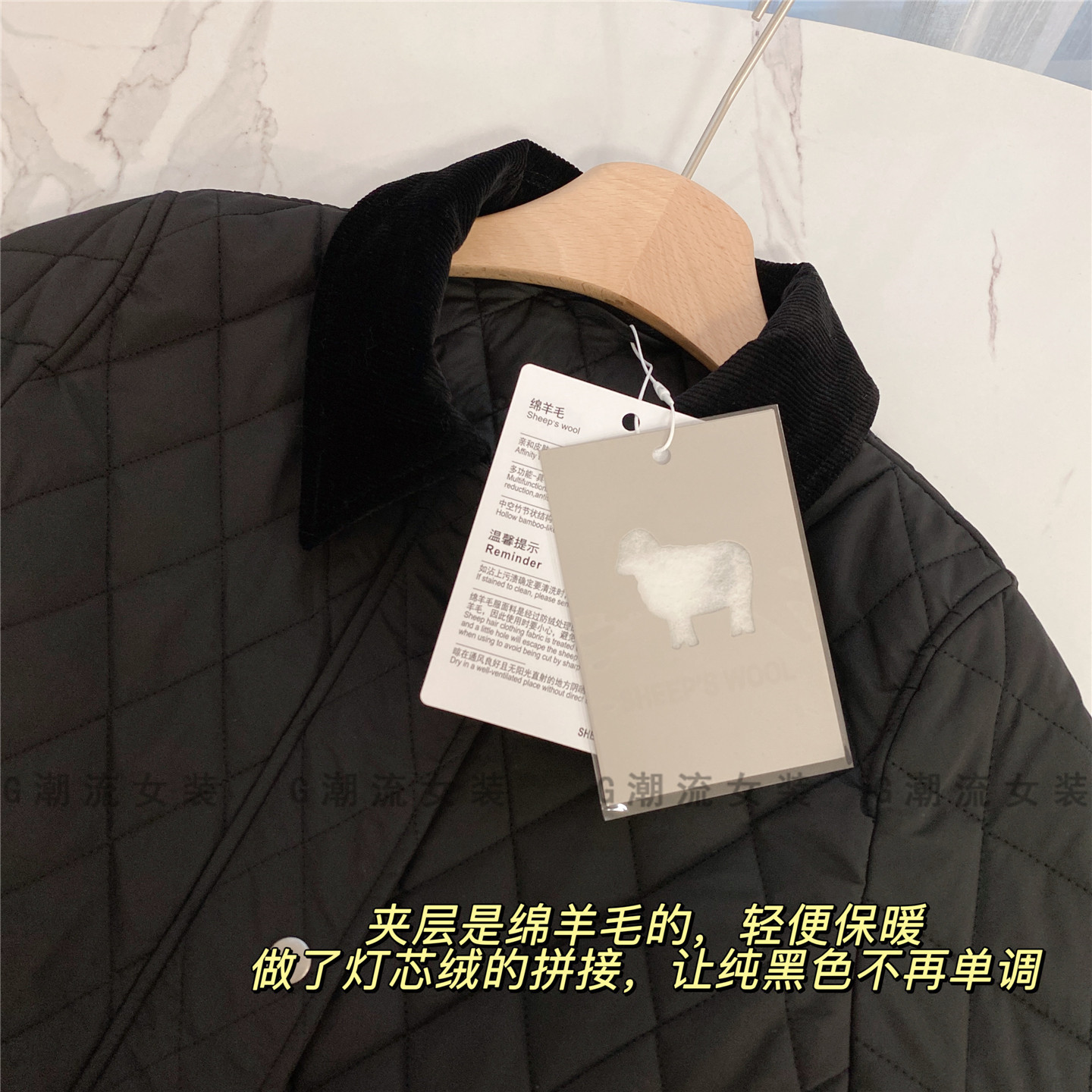 极简商务休闲巴恩风灯芯绒拼接羊毛夹层翻领夹棉外套上衣女秋冬