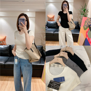 针织衫 OL通勤弹力修身 薄款 羊毛衫 纯色女春夏 坑条扬子纱蛋领短袖