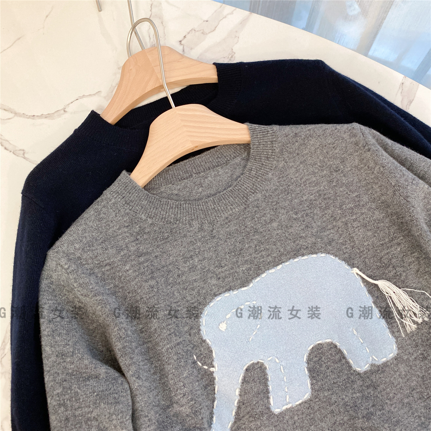 寓意吉祥 撞色卡通小象宽松休闲套头圆领羊毛衫针织上衣女秋冬