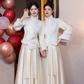 香槟色高级感 新款 伴娘礼服2025冬季 加绒缎面姐妹团礼服长袖 中式