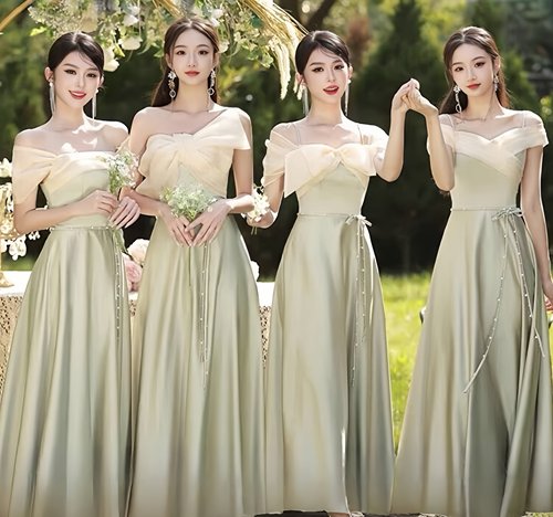 夏季小众高级显瘦伴娘服缎面绿色
