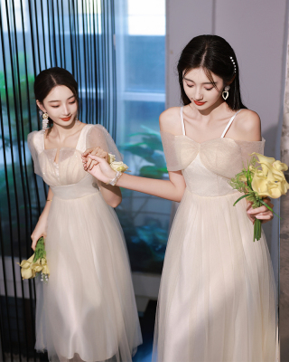 清新中长款吊带A字裙闪粉