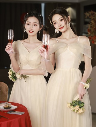 2024新款伴娘服香槟色高级姐妹团长款显瘦平时可穿仙气晚礼服裙女