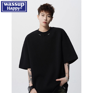 潮牌重磅五分袖 wassup 薄款 happy钢标短袖 宽松休闲上衣 t恤男夏季