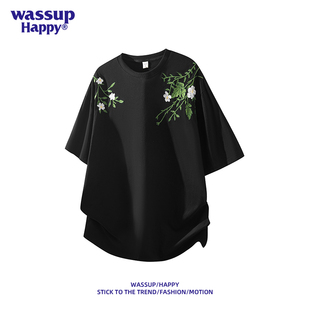 happy黑色短袖 薄款 wassup t恤男夏季 潮牌刺绣花卉五分袖 休闲半袖
