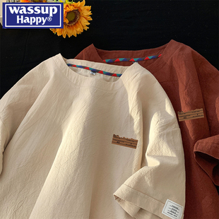 happy亚麻短袖 薄款 wassup t恤男夏季 速干宽松五分袖 潮流休闲半袖