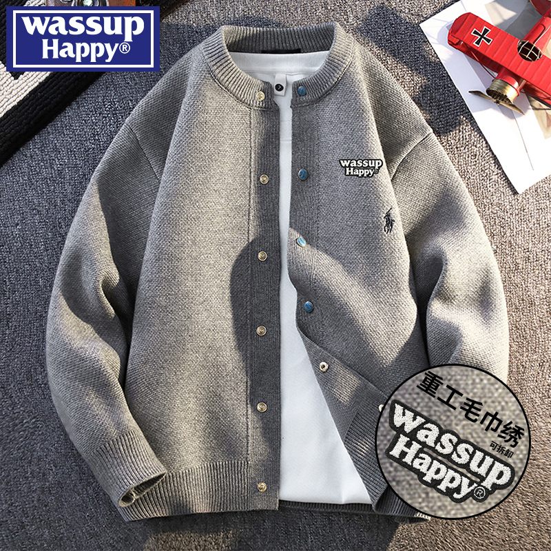 wassup happy灰色开衫毛衣男冬季潮牌简约圆领针织衫情侣保暖线衣