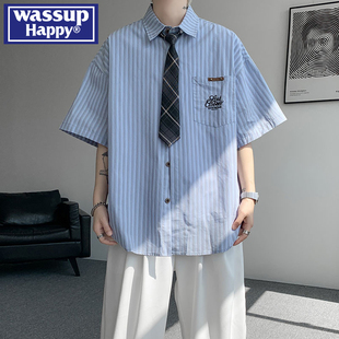 潮牌学院风宽松翻领衬衣条纹休闲外套 wassup happy短袖 衬衫 男夏季